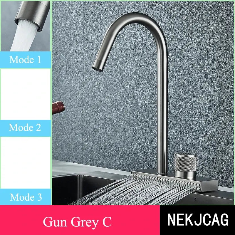 Decorbites black kitchen faucet in gun grey metallic with curved spout and integrated waterfall spray feature
