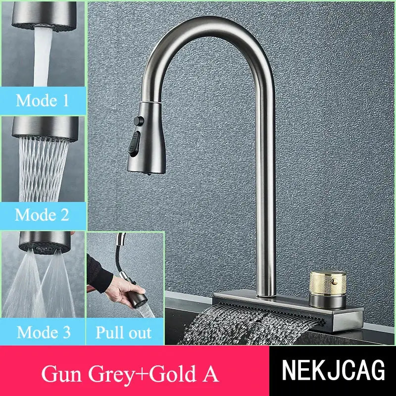 DecorBites black kitchen faucet in gun grey and gold with sleek curved spout and flexible pull out 3 nozzle spray head