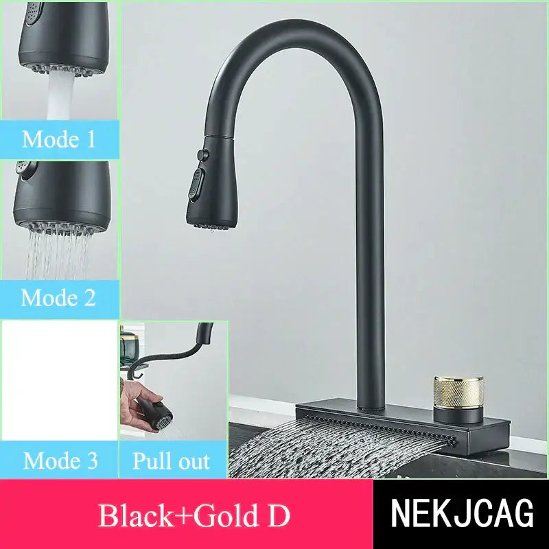 Decorbites black kitchen faucet with matte finish, gold knob, and pull-out spray head featuring three modes