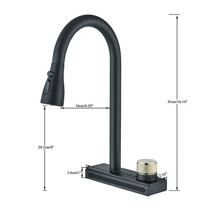 DecorBites black kitchen faucet with matte black finish, curved spout, and gold-toned knob on the base