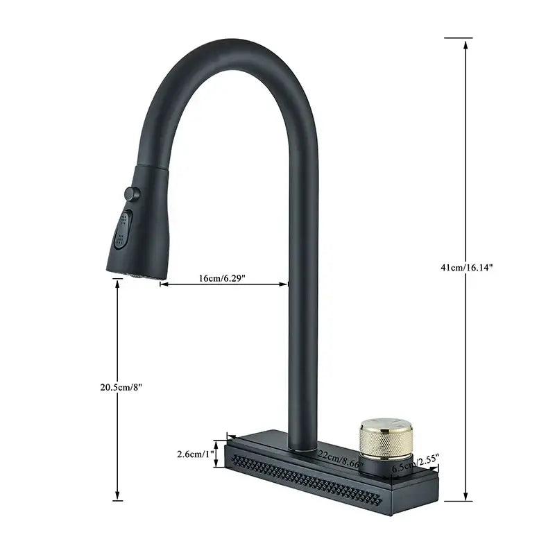 DecorBites black kitchen faucet with matte black finish, curved spout, and gold-toned knob on the base