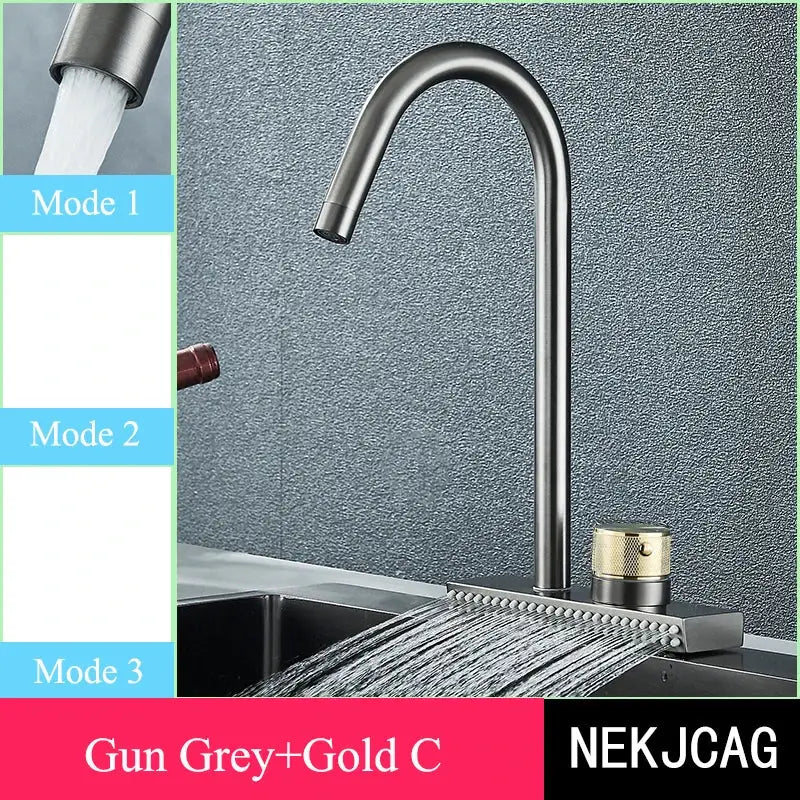 DecorBites black kitchen faucet in gun grey and gold with sleek curved spout and flexible pull out 3 nozzle mixer tap
