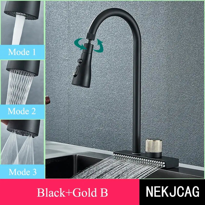 DecorBites black kitchen faucet with black matte finish, gold-toned knob, and flexible pull out 3 nozzle mixer tap