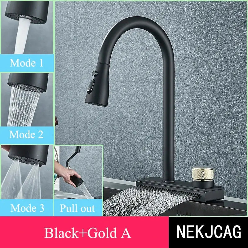 Decorbites black kitchen faucet featuring a black matte finish gold-toned knob and pull-out spray with 3 flow modes