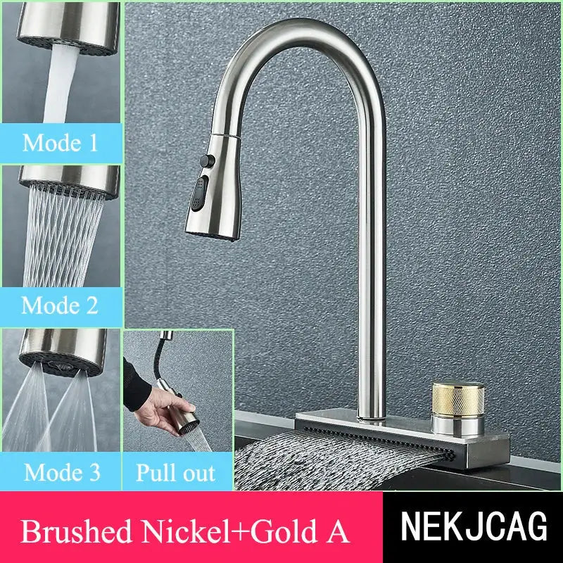 Decorbites black kitchen faucet brushed nickel with gold accents pull-out spray head offering three water modes