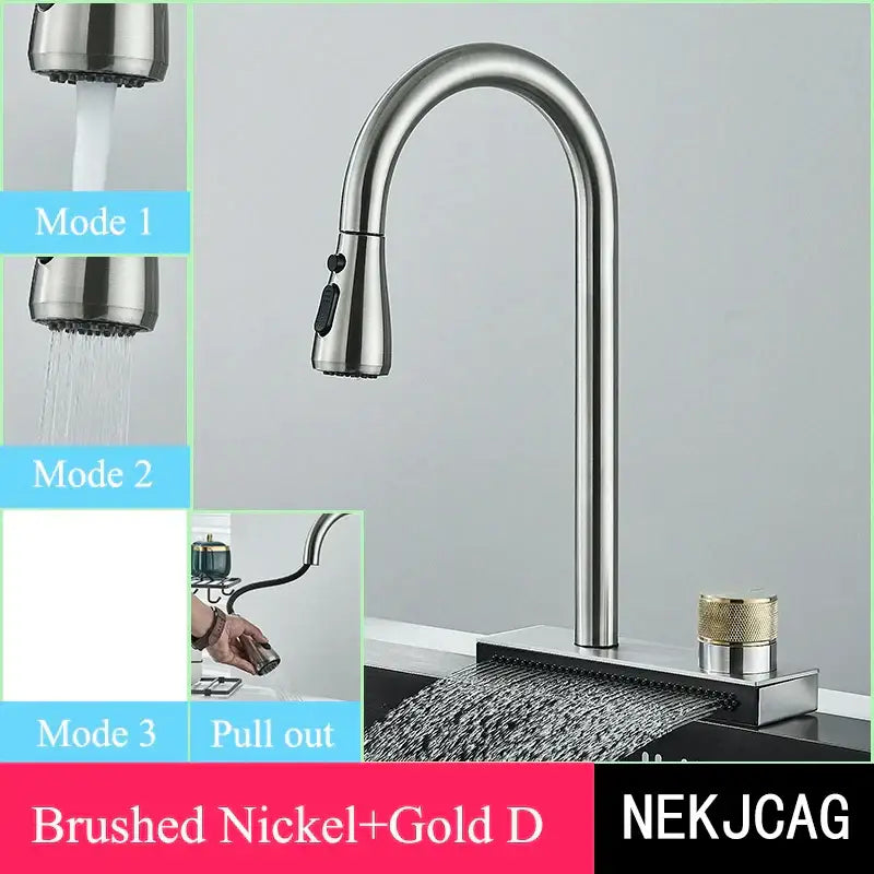 Decorbites black kitchen faucet in brushed nickel with gold-detailed pull-out spray head and waterfall spout design
