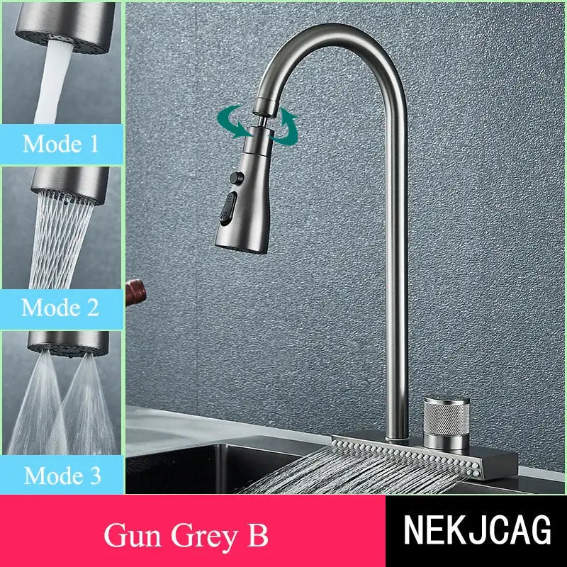 Decorbites black kitchen faucet in gun grey metallic with curved pull-down spout and three water flow modes