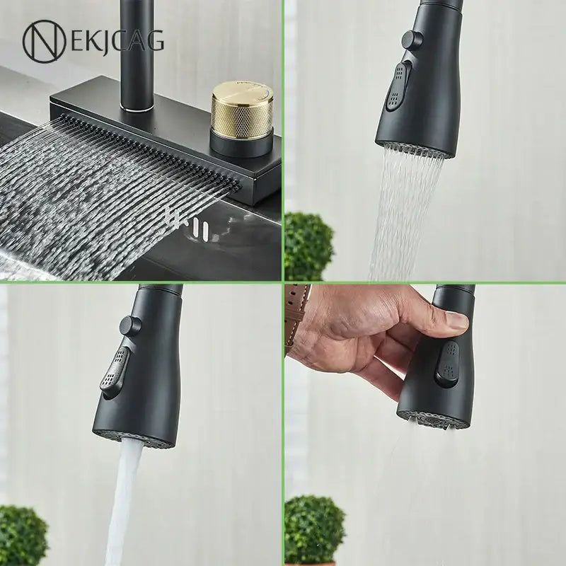 Decorbites black kitchen faucet with matte black finish, gold-accented control knob, and flexible pull out spray head