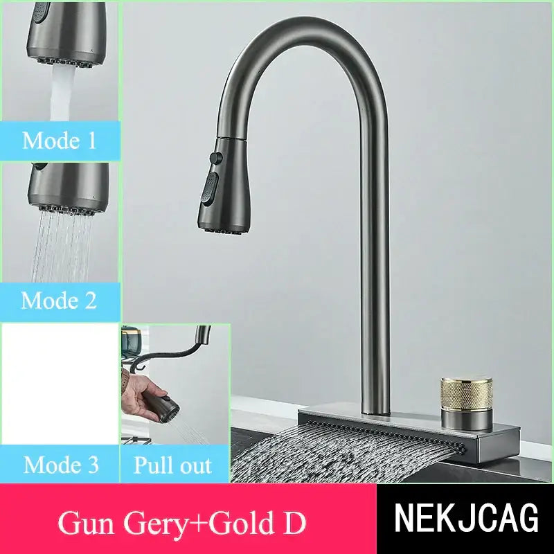 DecorBites black kitchen faucet with gunmetal curved spout and gold-toned handle featuring flexible pull out nozzle