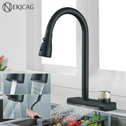 Decorbites black kitchen faucet with black matte finish, sleek curved spout, and flexible pull-down spray head