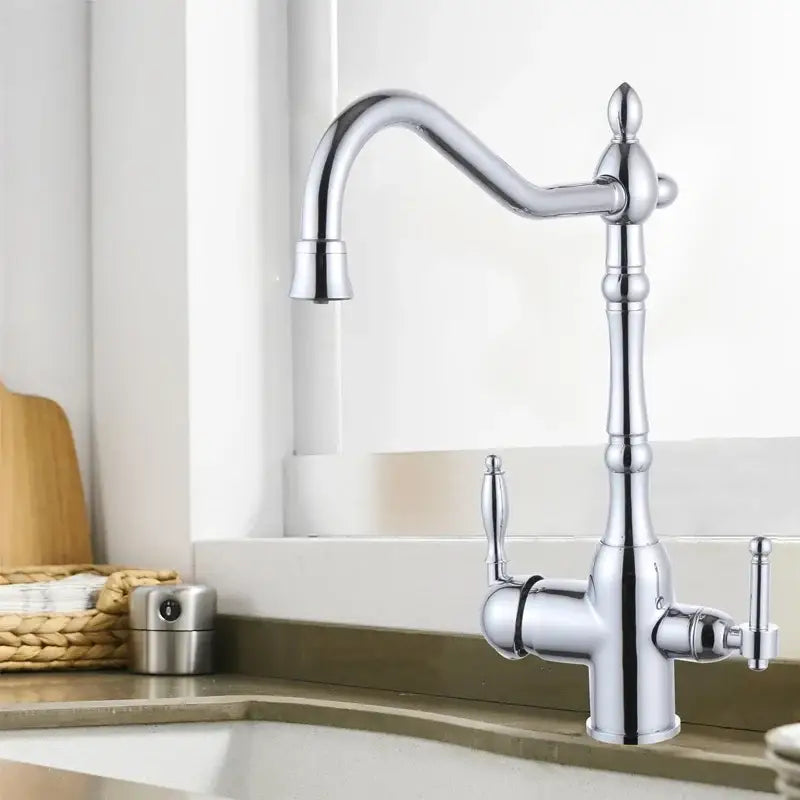 Chrome-finished vintage-style kitchen faucet with curved spout and ornate details for decorbites black kitchen faucet use