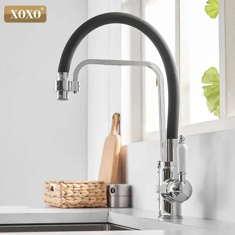 Decorbites black kitchen faucet mixer tap with sleek black flexible spout and polished chrome curved design kitchen faucet
