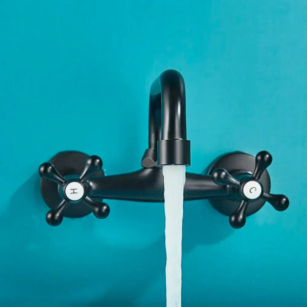 DecorBites black kitchen faucet mixer tap with black matte finish wall-mounted swivel spout and cross handles marked h and c