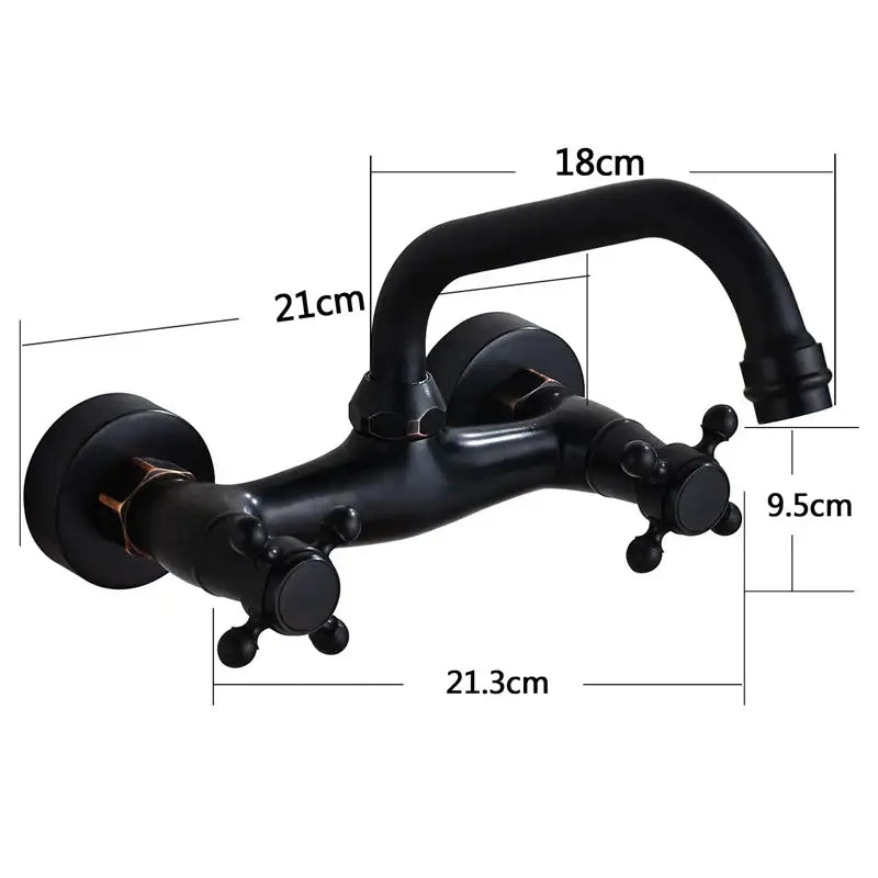 Decorbites black kitchen faucet mixer tap with black matte finish swivel spout and two cross-shaped handles wall mounted