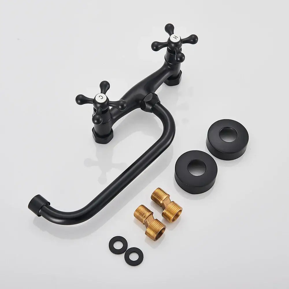 Decorbites black kitchen faucet mixer tap with black matte cross handles brass fittings and swivel spout wall mounted