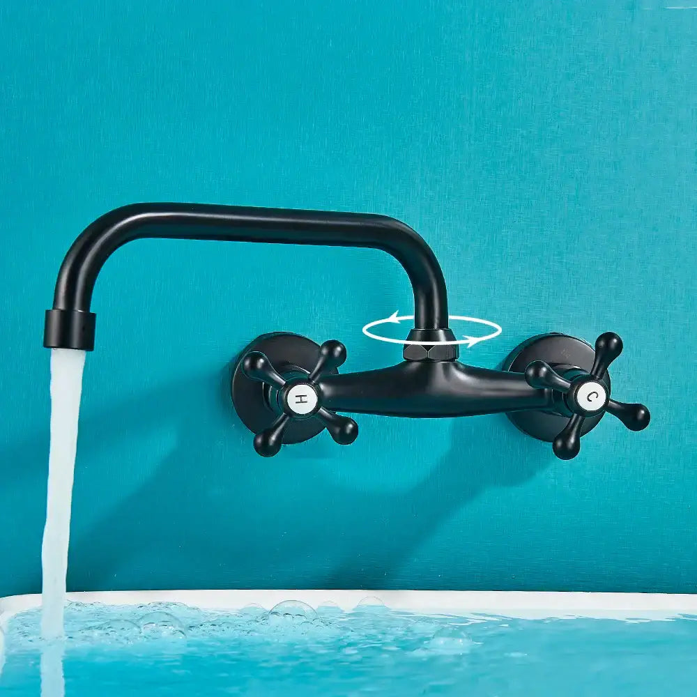 DecorBites black kitchen faucet mixer tap in black matte finish with swivel spout and cross handles mounted on wall