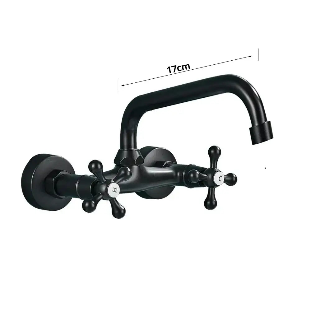 DecorBites black kitchen faucet mixer tap wall mounted with black matte finish and cross handles curved spout
