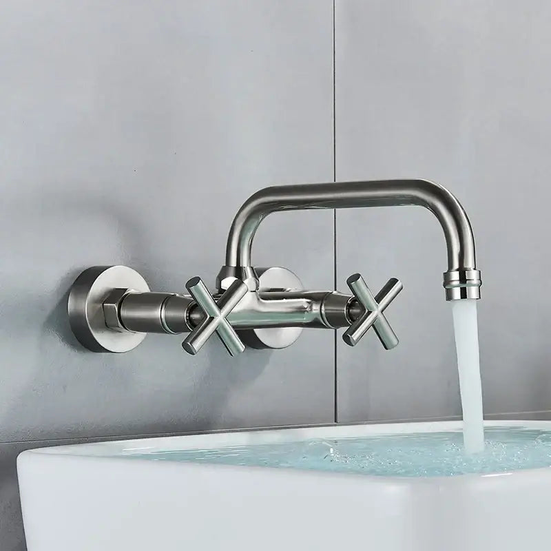 Modern brushed stainless steel decorbites black kitchen faucet mixer tap with cross handles and curved swivel spout wall mounted