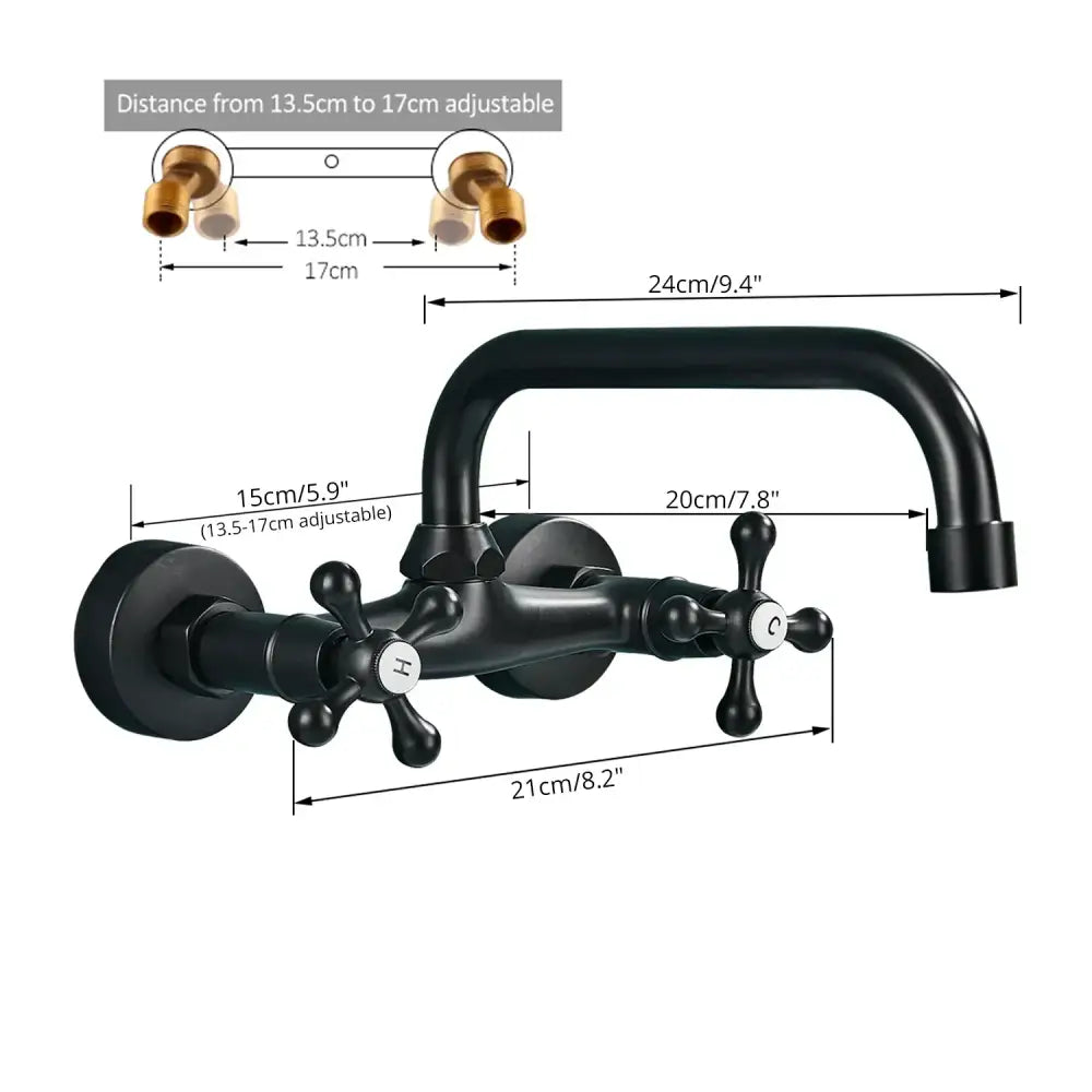 DecorBites black kitchen faucet mixer tap with black matte finish, wall mounted swivel spout, and two cross-handle knobs