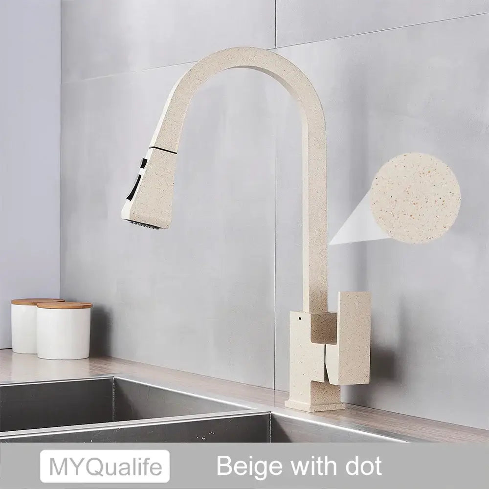 Beige speckled stone kitchen faucet with curved spout and pull-down spray head for decorbites black kitchen faucet setup