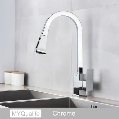 Chrome-finished modern kitchen faucet with sleek arched spout and pull-down spray head in decorbites black kitchen design