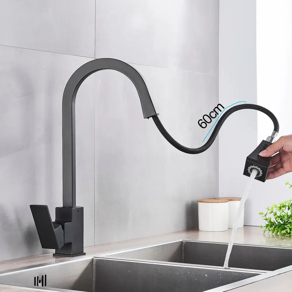 DecorBites black kitchen faucet pull out mixer with black matte finish and 60cm flexible hose for modern kitchens