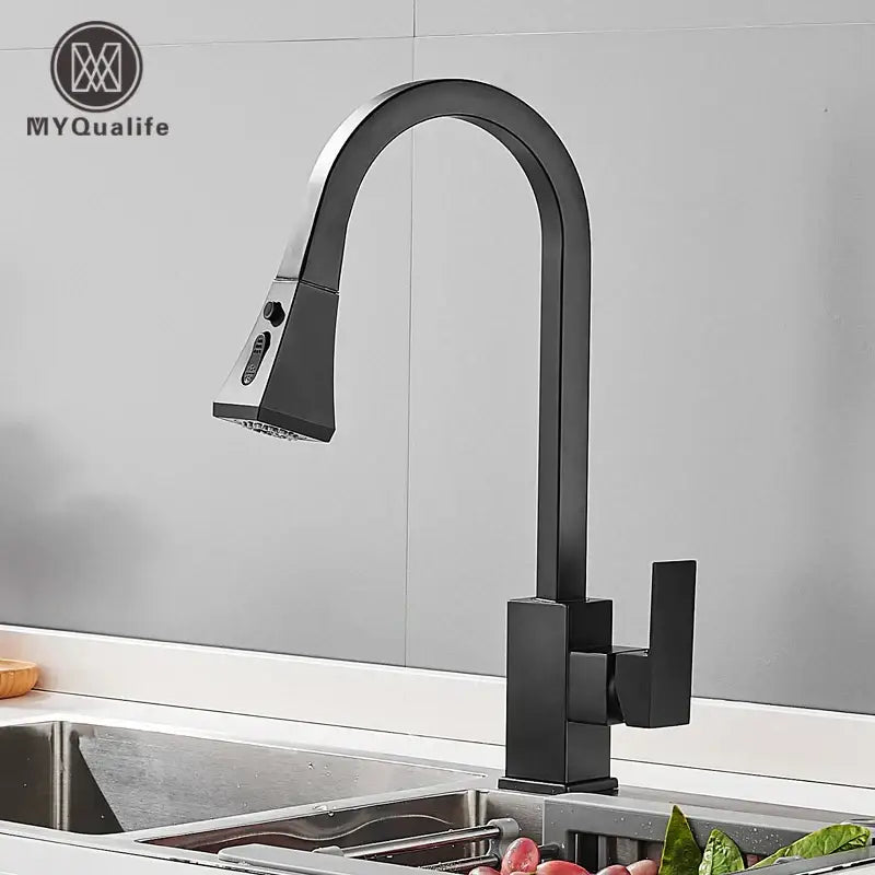 DecorBites black kitchen faucet with black matte finish pull-down spray head and modern square single handle design