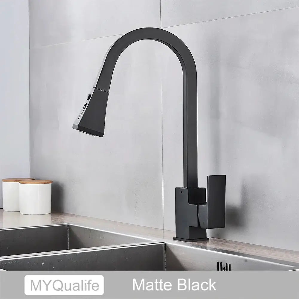 Matte black decorbites black kitchen faucet with sleek curved spout and pull-down spray head for modern kitchens