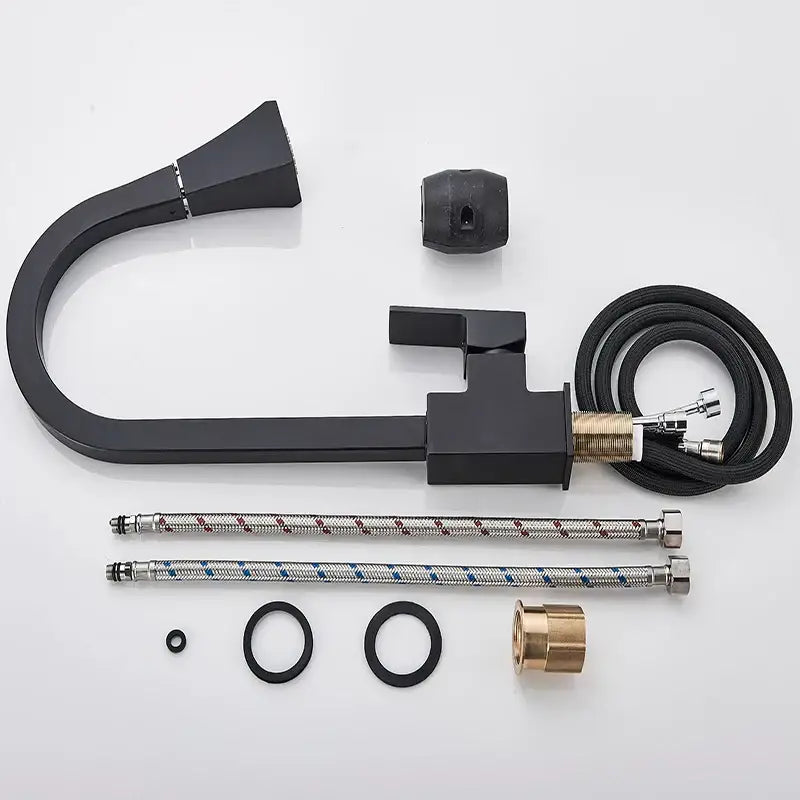 DecorBites black kitchen faucet with matte finish curved spout rectangular handle and flexible braided hoses brass fittings