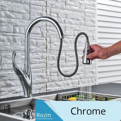 Chrome-finished DecorBites black kitchen faucet with sleek curved spout and pull-out spray head for modern kitchens