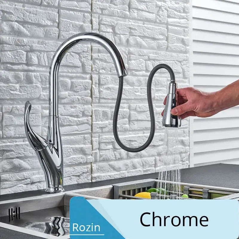 Chrome-finished DecorBites black kitchen faucet with sleek curved spout and pull-out spray head for modern kitchens