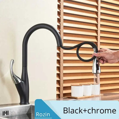 DecorBites black kitchen faucet pull out mixer in black and chrome with curved spout and flexible spray head