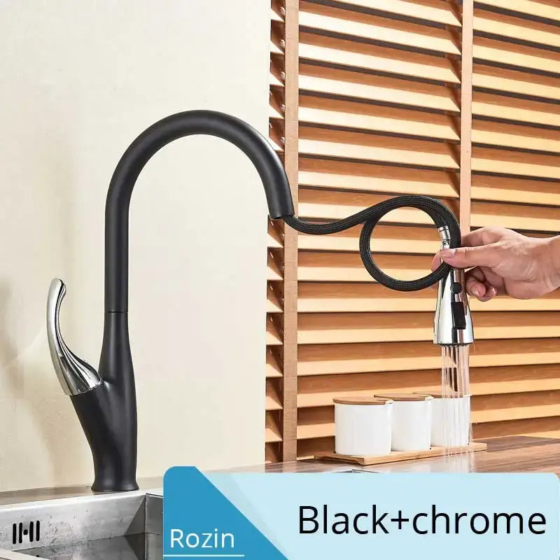 DecorBites black kitchen faucet pull out mixer in black and chrome with curved spout and flexible spray head