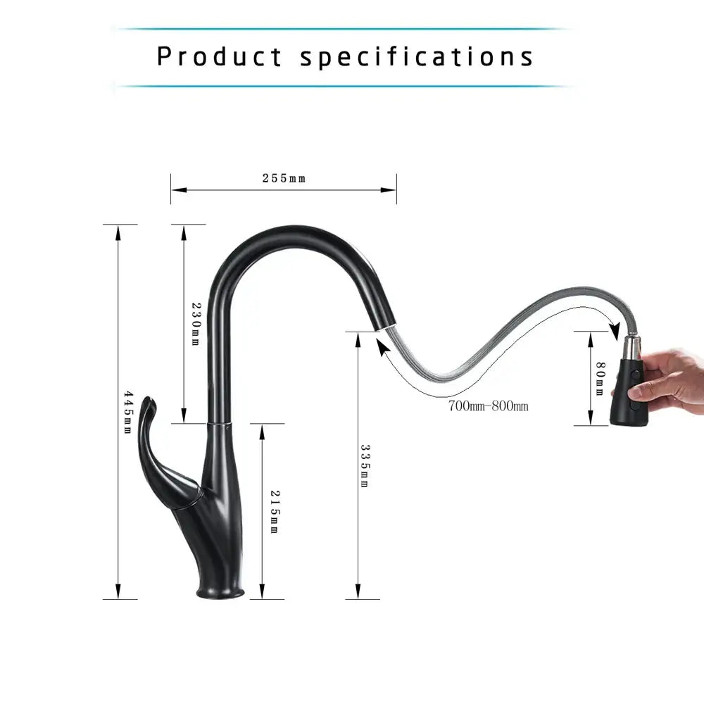 DecorBites™ black kitchen faucet pull out mixer with single handle black matte finish and extendable spray head