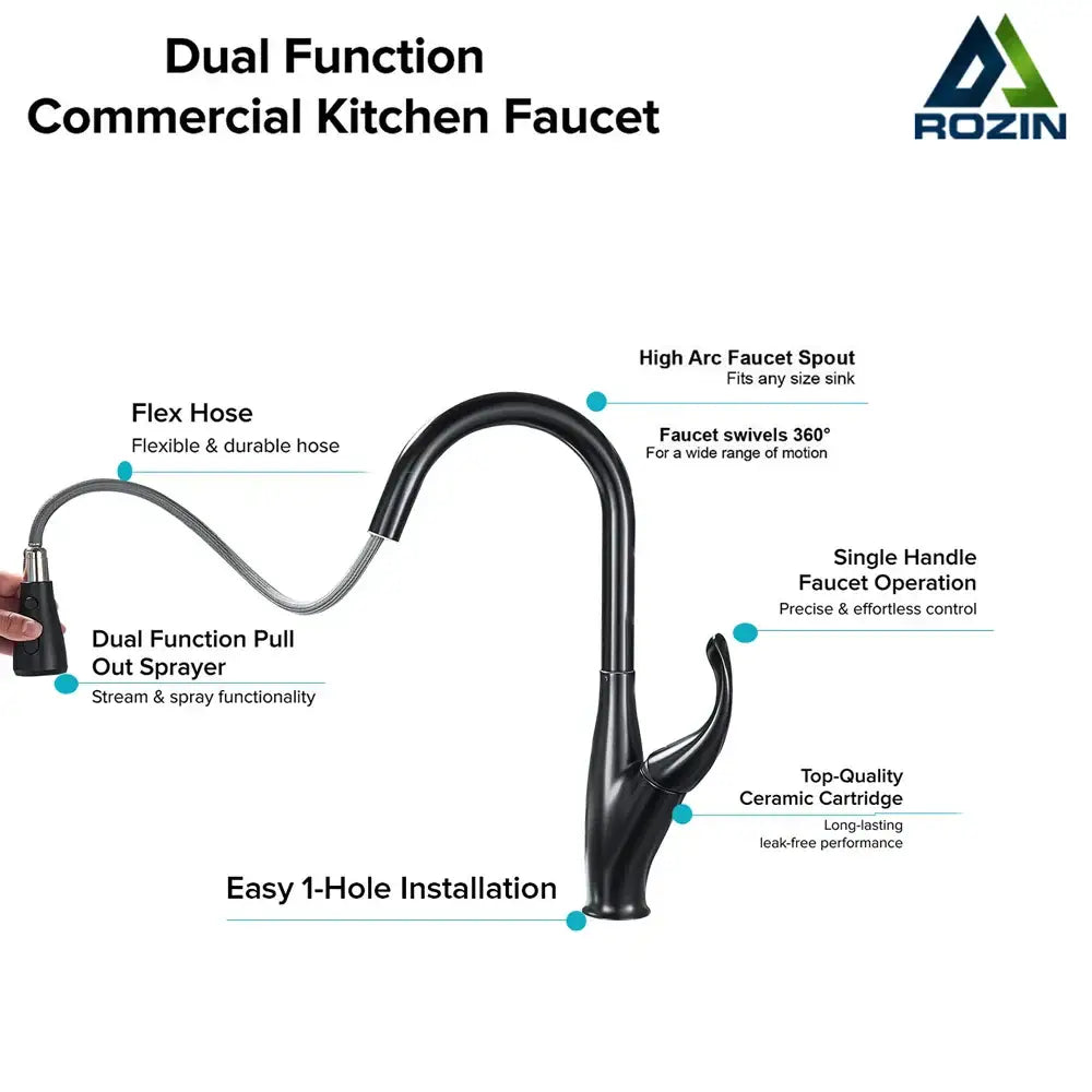 Black matte-finish DecorBites black kitchen faucet with high arc spout and flexible pull-out spray for commercial use