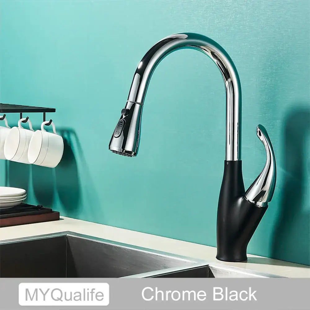 Decorbites black kitchen faucet with chrome and black finish single handle hot cold mixer and 360 rotation design