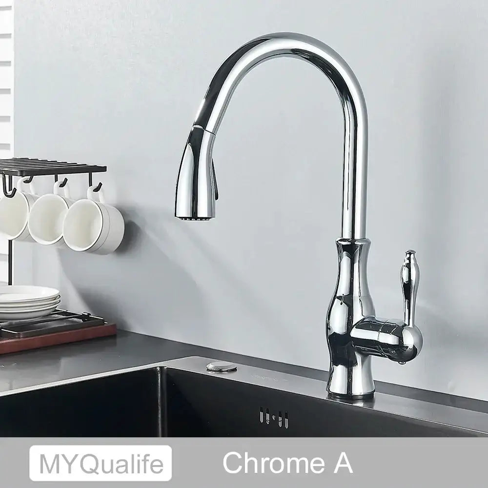 Chrome-finished decorbites black kitchen faucet with sleek arched spout and pull-down spray head for versatile use
