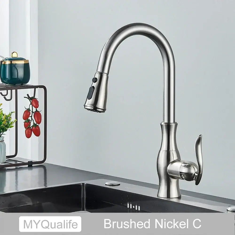 Brushed nickel kitchen faucet with sleek arched spout and pull-down spray head in decorbites black kitchen faucet design