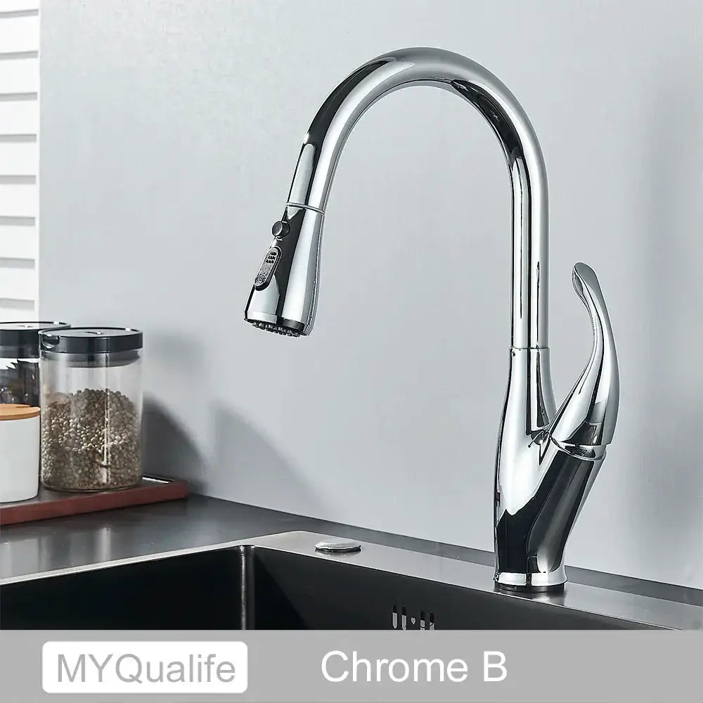 Chrome-finished decorbites black kitchen faucet with sleek arched spout and pull-down spray head for versatile use