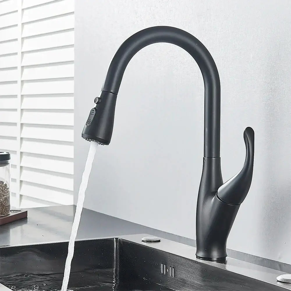 Black matte finish DecorBites black kitchen faucet with curved spout pull-down spray head 360 rotation mixer