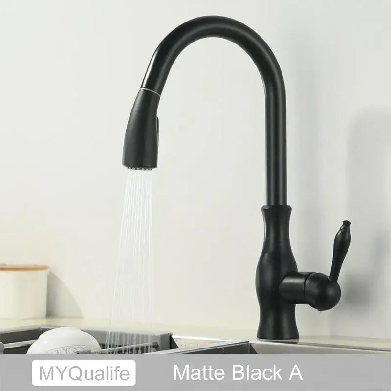 Matte black kitchen faucet by DecorBites with sleek curved spout pull-down spray head and 360 rotation mixer