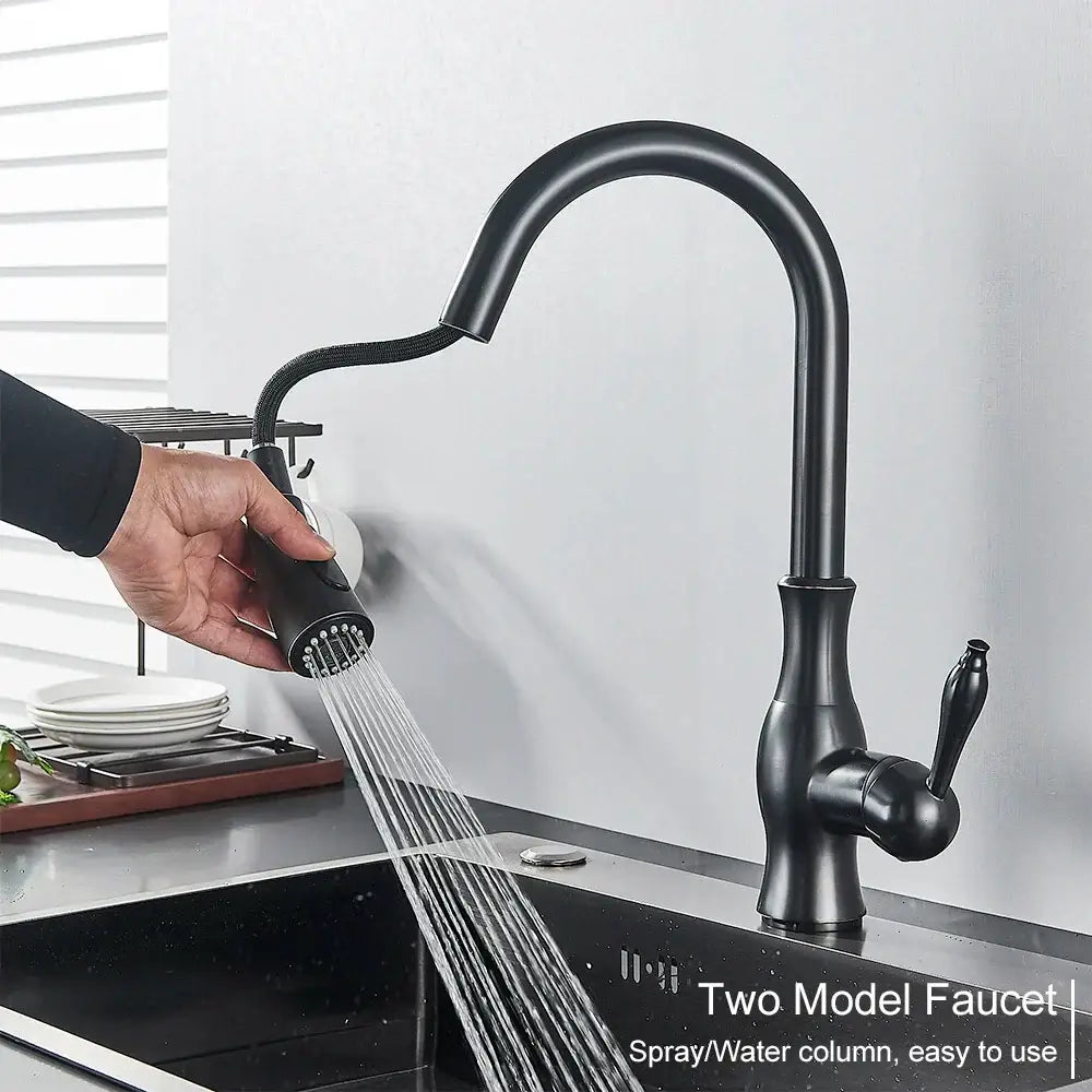 Decorbites black kitchen faucet with matte finish single handle pull-out spray head and 360 rotation mixer