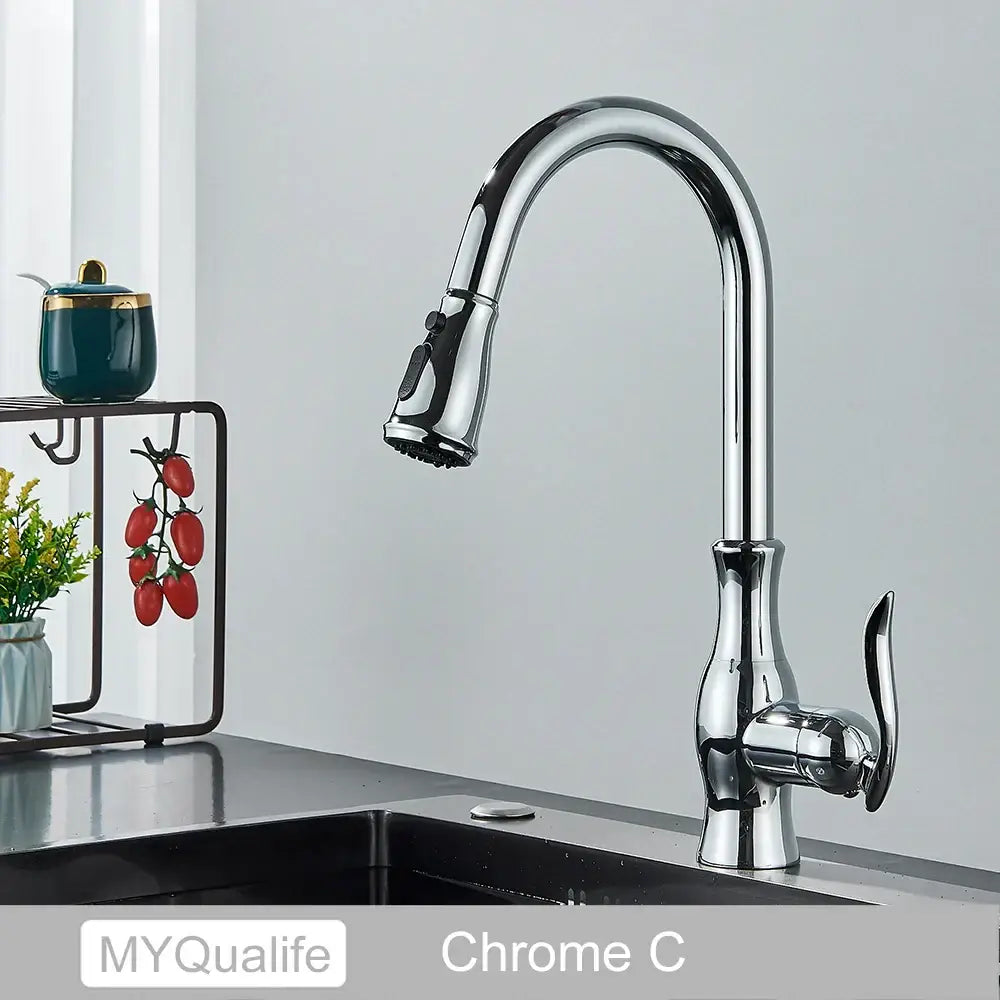 Chrome-finished DecorBites black kitchen faucet with sleek arched spout and pull-down spray head for versatile use