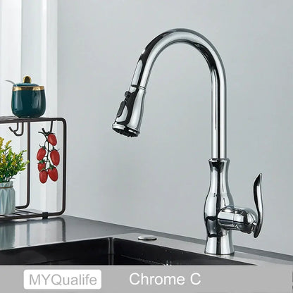 Chrome-finished DecorBites black kitchen faucet with sleek arched spout and pull-down spray head for versatile use