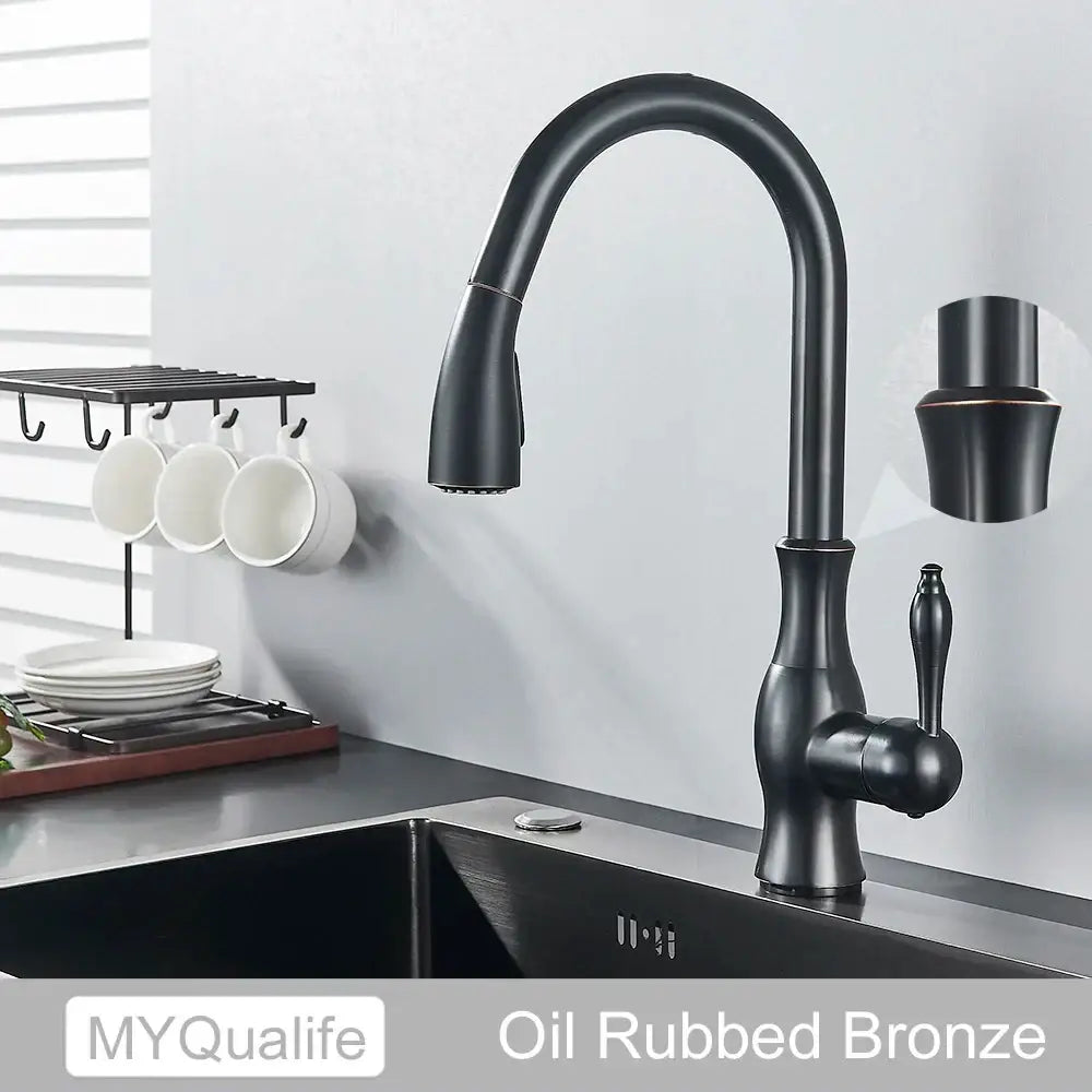 Oil rubbed bronze decorbites black kitchen faucet with single handle, arched spout, pull-down spray, and 360 rotation
