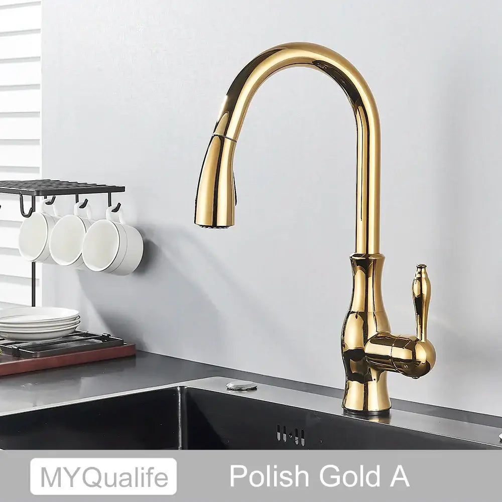 Polished gold kitchen faucet with sleek curved spout and handle for decorbites black kitchen faucet with 360 rotation