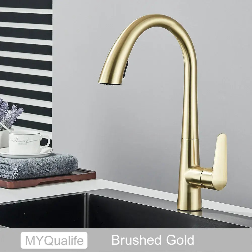 Brushed gold kitchen faucet with single handle and curved spout by DecorBites black kitchen mixer tap