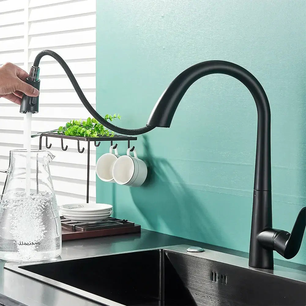 Decorbites black kitchen faucet single handle pull out with matte finish flexible hose and curved spout for easy use