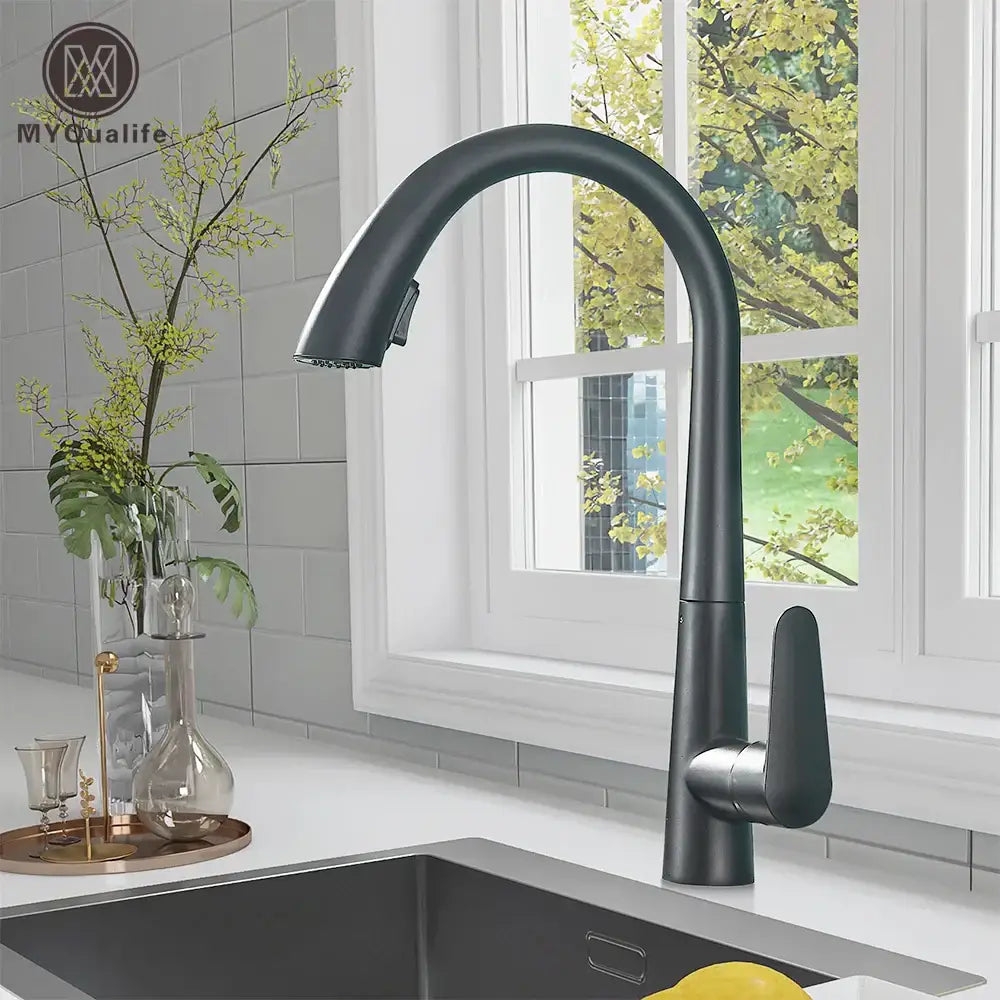 Decorbites black kitchen faucet with single handle pull out mixer tap in black matte finish for hot and cold water