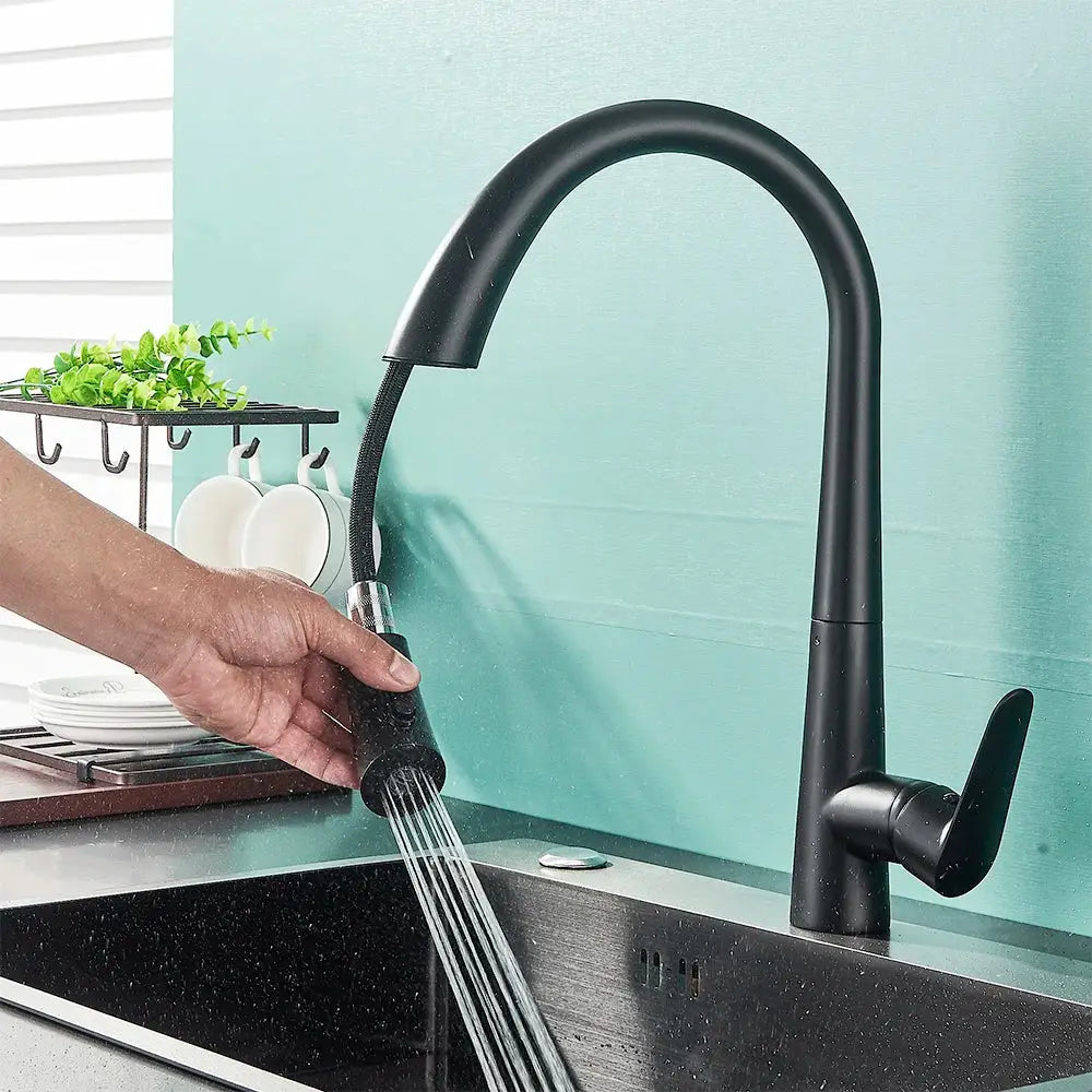 DecorBites black kitchen faucet single handle pull out spray head matte finish hot cold water mixer tap